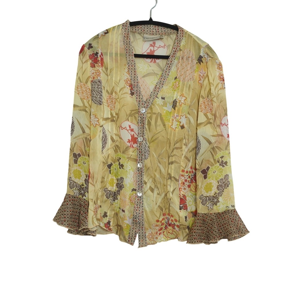 Vintage Silk Blend Bell Sleeve Blouse Floral Bamboo Print Boho Delicate Fairy